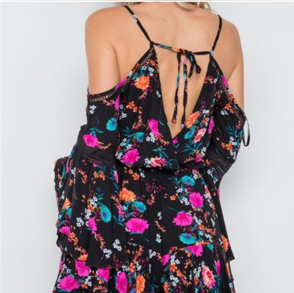 Bright Floral Black Romper/ Flirty Sexy Romper/ M / Ruggles/Crochet/ Travel View 2